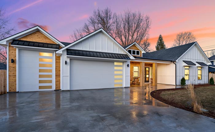 modern house with beautiful sunset above roof